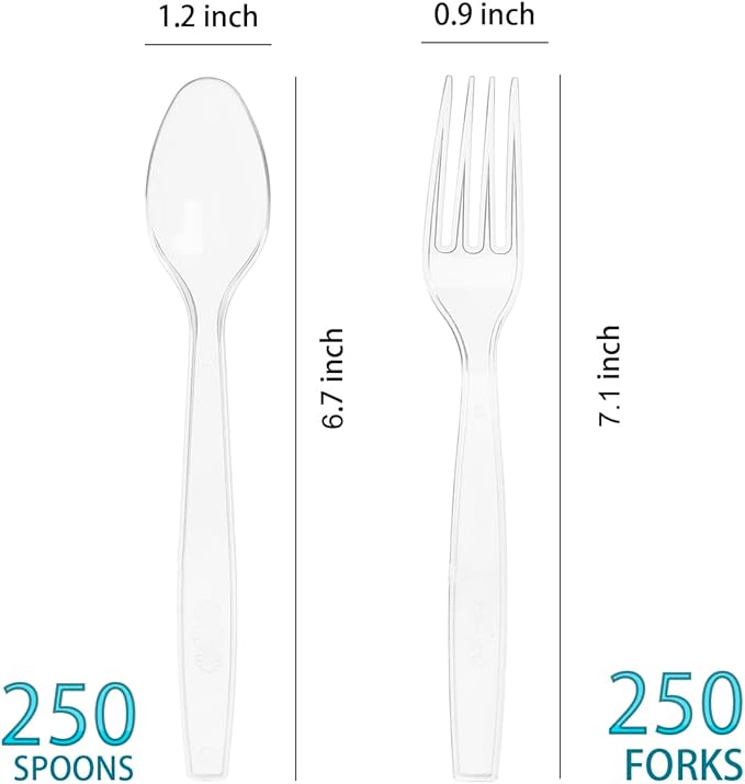 500 Count Plastic Silverware, Heavy Weight Plastic Forks Spoons Disposable Utensils Cutlery Set for Wedding Party Supplies Everyday Use