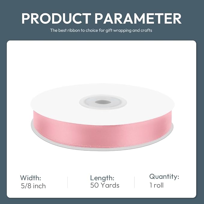 KMER LIFE 5/8" Wide x 50 Yards Pink Single Faced Polyester Satin Ribbon, Pink Satin Ribbon Perfect for Wedding Decor, Wreath, Crafts, Gift Wrapping & Other Projects (Pink)