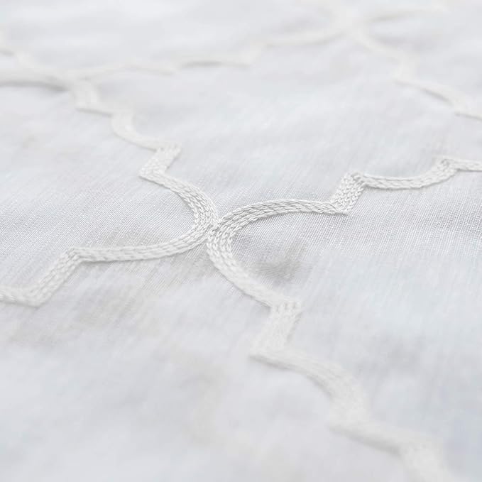 White Sheer Curtains 84 Inches Long, Rod Pocket Sheer Drapes for Living room, Bedroom, 2 Panels, 52"x84", Embroidered Moroccan Tile Lattice Design Semi Voile Window Treatments for Yard, Patio, Villa.