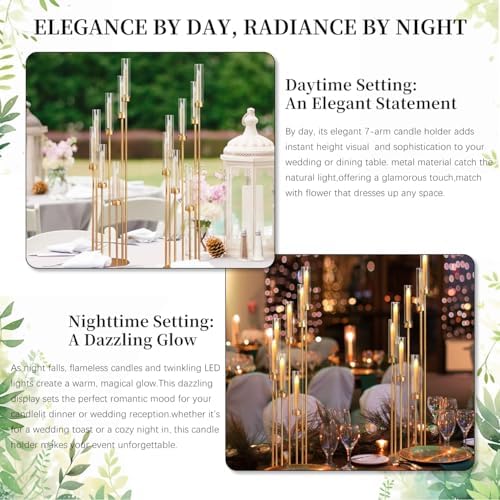 Gold Candelabra Wedding Centerpieces for Tables,Floor Candelabra Candlestick Holders 7 Arm Candle Holder Acrylic lampshade for Party Event candelabros para centros de mesa Fit 0.98" LED Candle