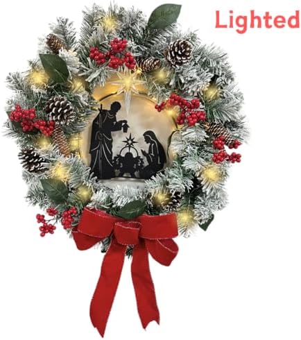 svndlyn 22 inch lighted christmas wreath with nativity shown in use