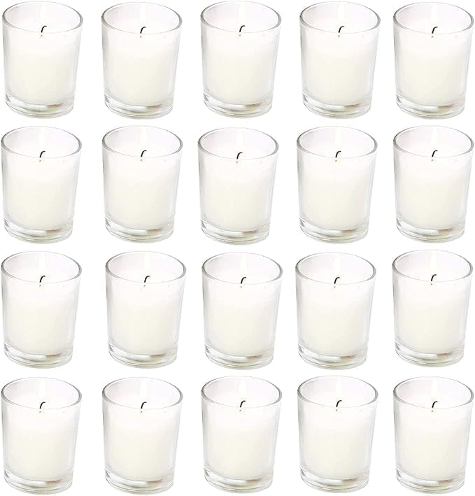 20 Pack Unscented White Clear Glass Filled Votive Candles | Soy Wax, Smokeless, Hand Poured Wax Candles Ideal for Aromatherapy, Spa, Weddings, Birthdays, Holidays & Party Decor