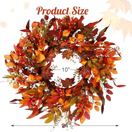 24 inch berry branches fall wreath for front showing dimensions