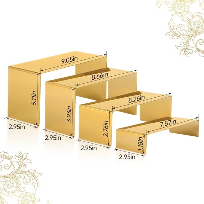 4 Pcs Gold Stainless Steel Display Risers, Display Stand for Cupcake Dessert Perfume Purse Handbag Shoe Jewelry and Funko Pop
