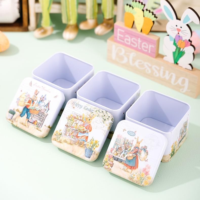 Easter Rabbit Square Metal Storage Tin (Style D) - 2.95" Vintage Bunny & Flower Treat Box, Decorative Small Tinplate Organizer for Candies, Jewelry, Reusable Holiday Keepsake Container & Party Favors