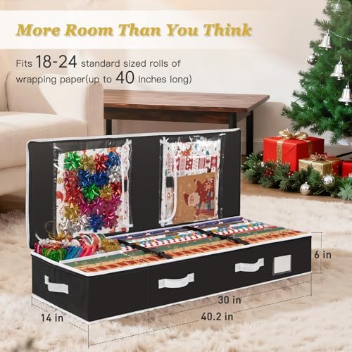 criusia gift wrapping paper organizer storage, durable underbed showing dimensions