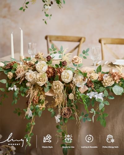 Ling's moment Fake Flowers Box, Faux Pampas Artificial Gardenia Foam Roses Silk Peony for Centerpieces Bouquet Wedding Floral Arrangements Bridal Shower Party, Earth Brown & Tawny Beige, Deluxe Combo