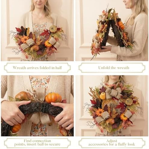 valery madelyn 24'' collapsible pre-lit fall pumpkin wreath on a desk or shelf