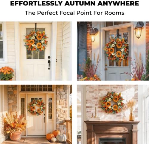 24" fall sunflower wreath for front door, close-up detail
