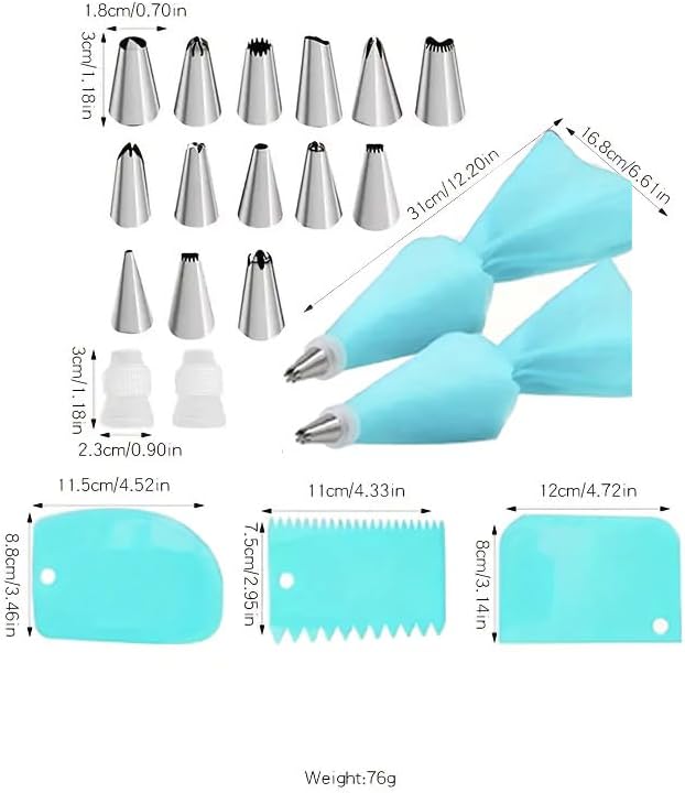 21 Pcs Reusable Piping Bags and Tips Set, Cake Decorating Tips Set with 14 Stainless Steel Piping Tips, 2 Pastry Bags, 2 Couplers and 3 Scrapers, Kitchen Accessories for Making Cupcakes, Cookies, Blue