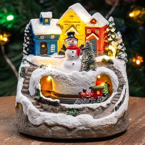 mxwcy christmas village house with moving train &, front angle view