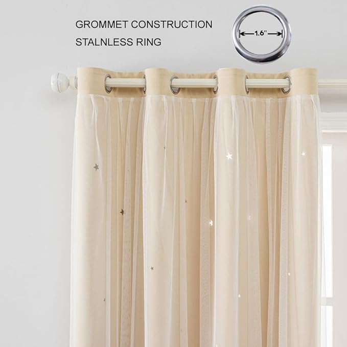 FANLI 2 Panels Star Blackout Curtains for Kid Girls Bedroom Living Room Darking Stripe Double Layer Star Cut Out Wall Home Decor Gradient Grommet Window Curtains (Beige 84L)