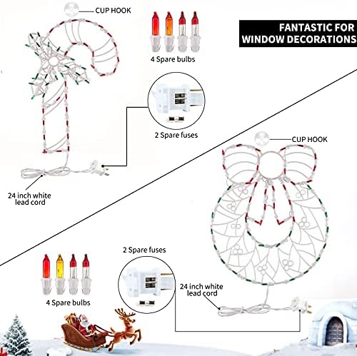 christmas window lights,wreath,candy cane, snowflakes, snow man on a desk or shelf