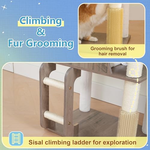 hey-brother wooden cat tree, furniture tower with large on a desk or shelf