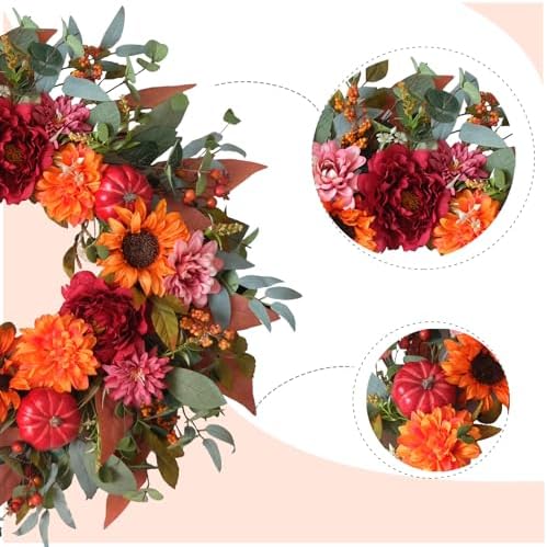 24" fall flower wreath with sunflowers peony pumpkins shown in use