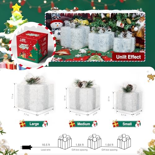 unusroom set of 3 christmas lighted gift boxes,outdoor showing dimensions