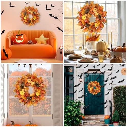 24 inch fall wreath for front door, pumpkin, side view