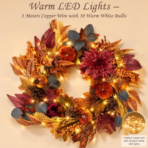 22 inch fall wreath for front door, artificial, close-up detail