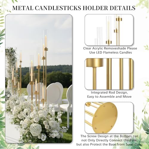 Gold Candelabra Wedding Centerpieces for Tables,Floor Candelabra Candlestick Holders 7 Arm Candle Holder Acrylic lampshade for Party Event candelabros para centros de mesa Fit 0.98" LED Candle