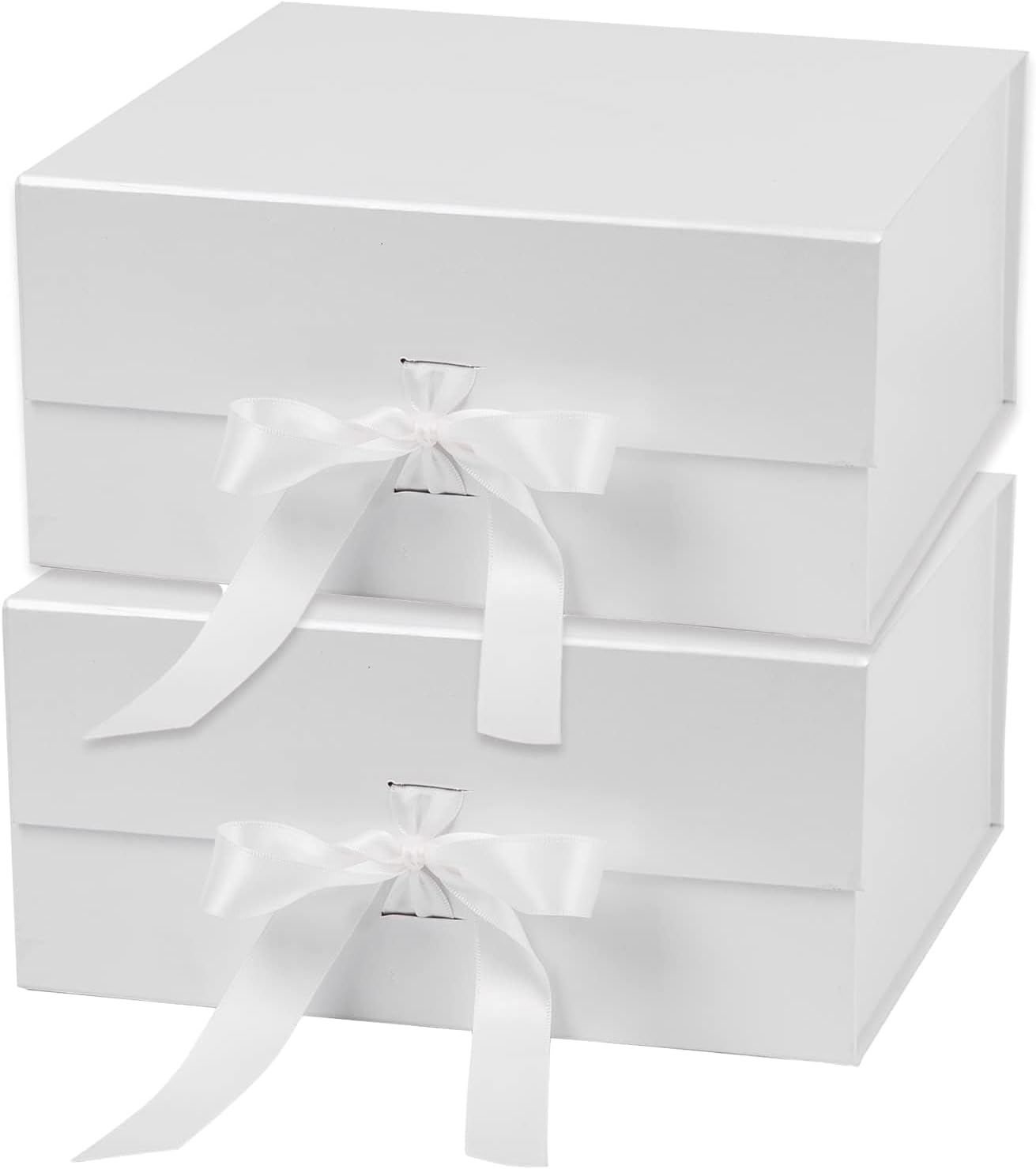 WRAPAHOLIC 2Pcs White Gift Box with Satin Ribbon, 8x8x4 Inches Collapsible Gift Box with Magnetic Closure for Party, Wedding, Gift Wrap, Bridesmaid Proposal, Storage