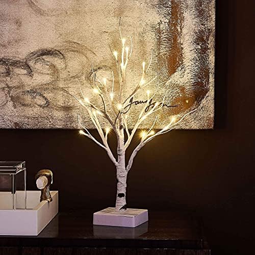 hairui pre-lit tabletop birch tree with timer 24led on a desk or shelf