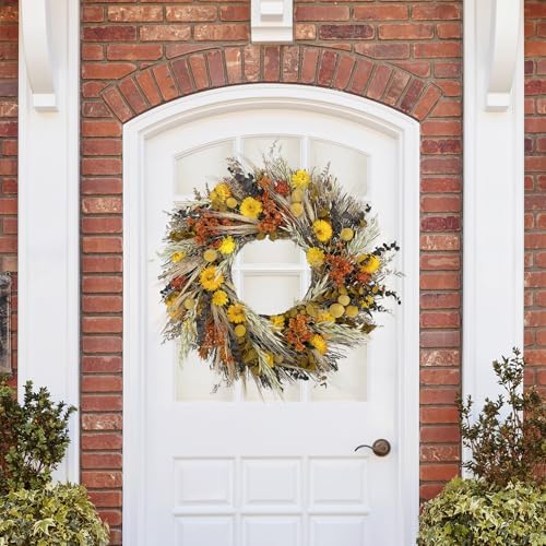 andaluca all natural handcrafted preserved floral fall wreath on a desk or shelf