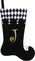Personalized Elf Christmas Stocking,Black Velvet w/Gold Initial | 19"Black Velvet Christmas stocking,Checkered Cuff & golden jingle Bells,Holiday decor for Fireplace mantel/gifting-Letter J