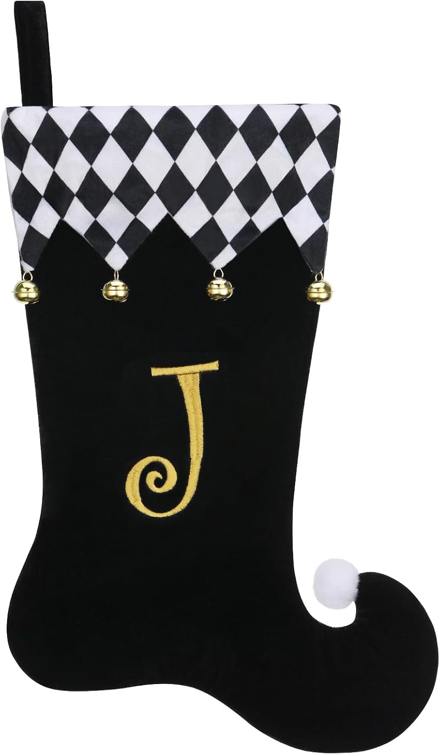 Personalized Elf Christmas Stocking,Black Velvet w/Gold Initial | 19"Black Velvet Christmas stocking,Checkered Cuff & golden jingle Bells,Holiday decor for Fireplace mantel/gifting-Letter J