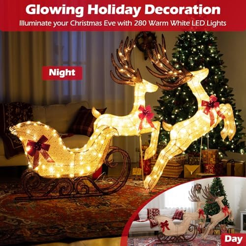 tangkula 3-piece christmas lighted reindeer & sleigh set, front angle view