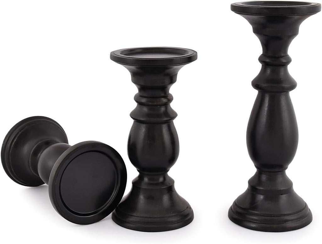 SAMHITA Set of 3 Farmhouse Mango Wood Candle Holders, in Black Finish for Table Centerpiece Candle for Any Room Decor