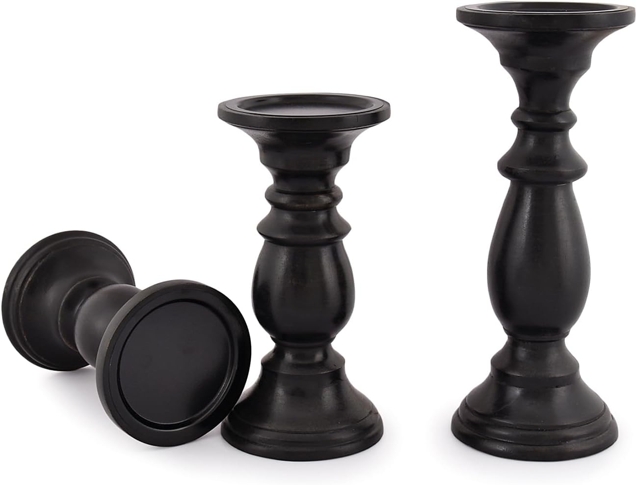 SAMHITA Set of 3 Farmhouse Mango Wood Candle Holders, in Black Finish for Table Centerpiece Candle for Any Room Decor