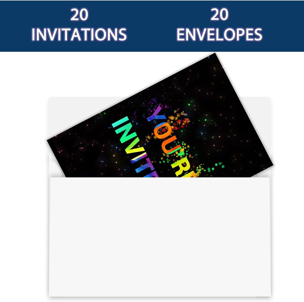 Glow Let's Play Birthday Party Invitations For Boys Girls, Neon Party Invites For Kids, Double Sided Design(20 Cards + Envelopes)