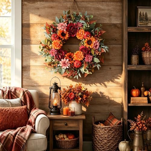 24" fall flower wreath with sunflowers peony pumpkins, close-up detail