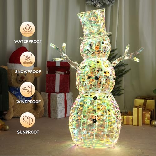 vingli 4ft lighted iridescent snowman christmas yard decorations, close-up detail