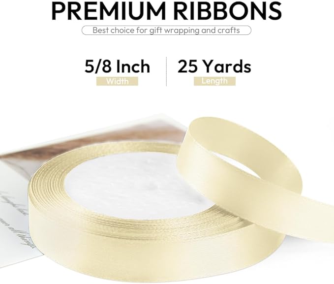 5/8 Inch 25 Yards Satin Ribbon Ivory, Solid Color Fabric Ribbon for Gift Wrapping, Wedding, Polyester Gift Ribbon for Birthday Party Decoration, Craft, Hair, Floral, Sewing