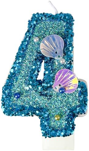 Blue Shell Sequin Number Candle Birthday Cake Number Candle for Mermaid Theme Party, Wedding, Party, Party Decoration Supplies (4)