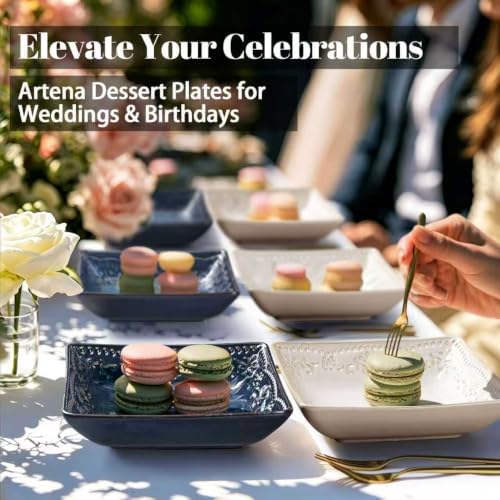 Artena Ceramic Square Dessert Plates Set of 4, 6 Inch Embossed Appetizer Plat...