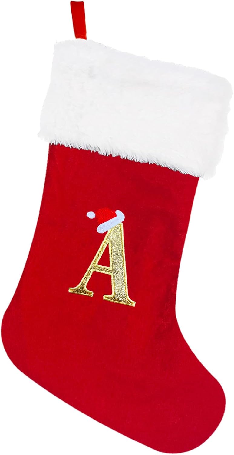 20" Monogrammed Christmas Stocking with Letter A | Personalized Red Plush Cuff Initial Stocking - Holiday Xmas Gift for Family Decor (Red, Letter A)