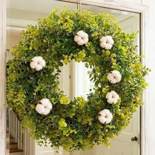 hiptree 18 inch boxwood wreath for front door,greenery, front angle view