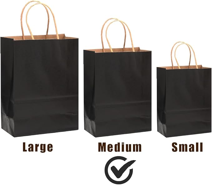qiqee 50-Packs Black Paper Gift Bags with Handles Bulk 11"x8.3"x4.3" Medium Size Paper Bags Multiple Uses