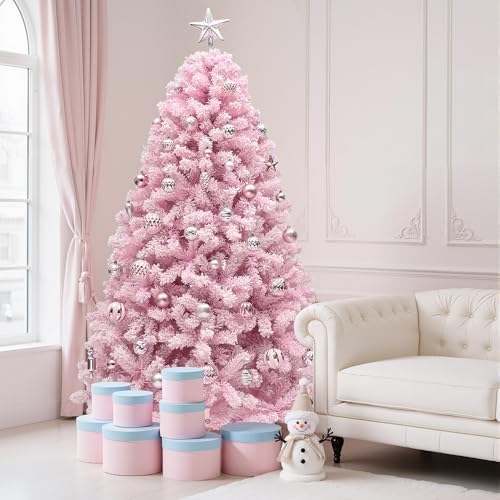 yitahome 6ft prelit pink flocked christmas tree with, view 9