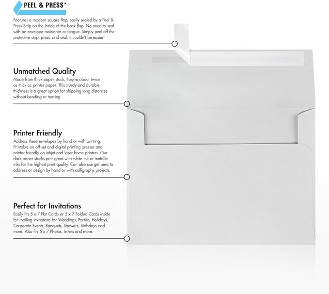LUXPaper A7 Invitation Envelopes | Peel & Press | 5 1/4" x 7 1/4" | Gray | 80lb. Text | 100% Cotton | 50 Qty
