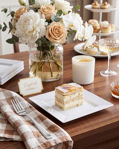 bucla 100pcs white square plastic plates-6inch disposable cake shown in use