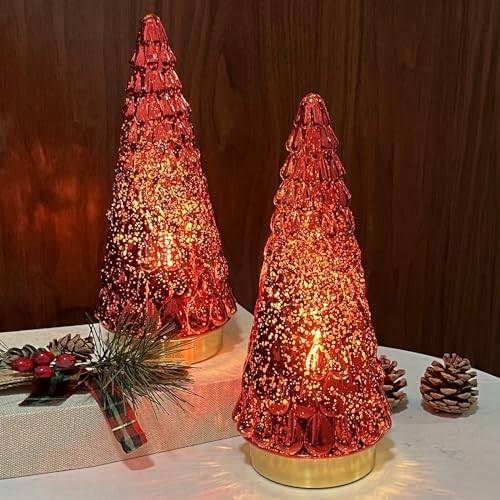 red glass christmas tree 3pcs, small tabletop mercury showing dimensions