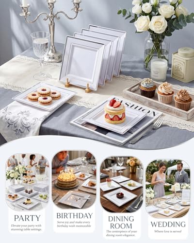bucla 100pcs white and silver square plastic plates, side view
