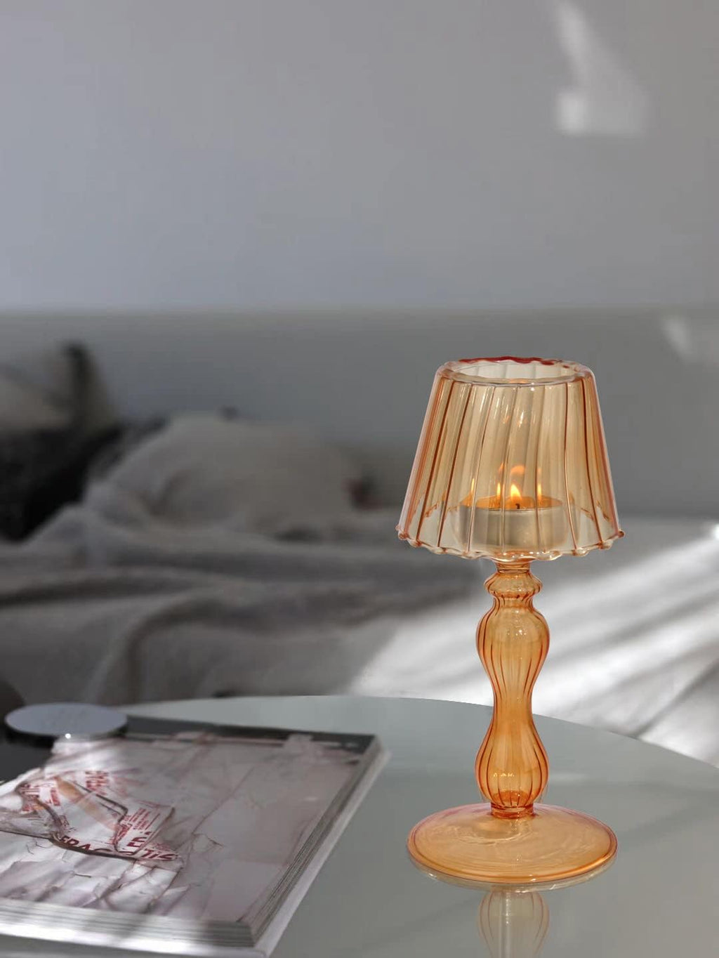 Gurfuy Desk Lamp Shaped Glass Candle Holder - Glass Hurricane Candleholder Crystal Decorative Candle Stand for Table Wedding Dinning Centerpieces Party Supplies Decor Amber