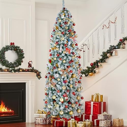 yaheetech 9ft pre-lit snow flocked pencil christmas tree showing dimensions