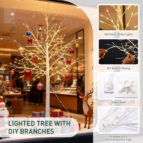 6ft white firefly tree with lights - lighted, close-up detail