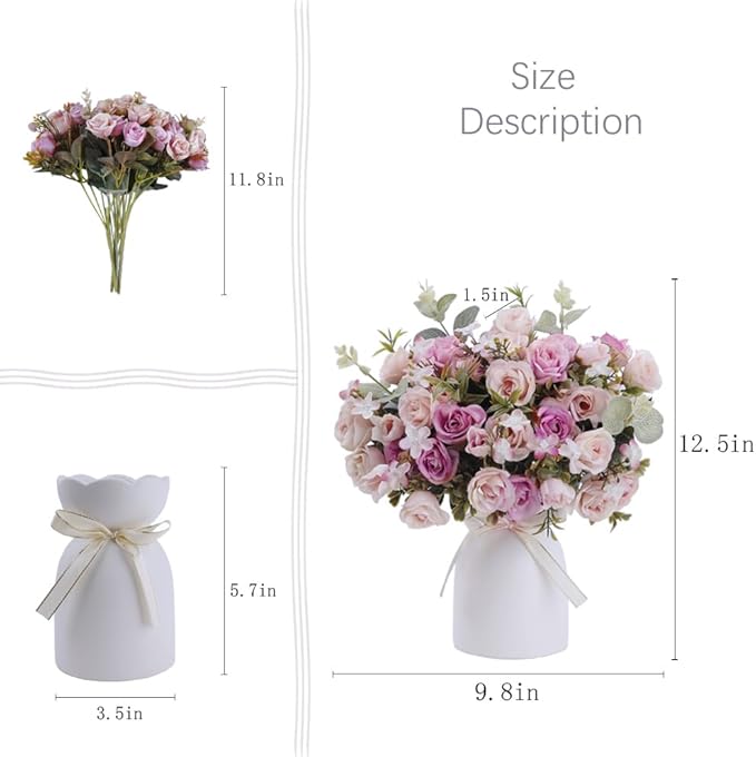 LESING Artificial Silk Rose with Vase Fake Flowers Wedding Flowers Bouquets Arrangement Home Office Party Centerpiece Table Decoration (Pink)