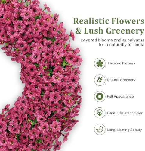 24" fuchsia artificial floral wreath for front door, close-up detail